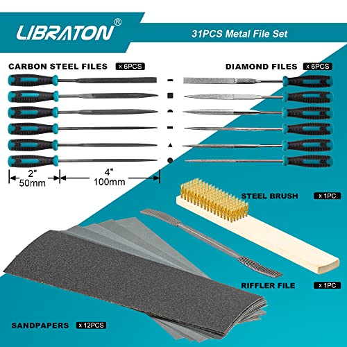 Libraton Feilenset 31tlg, Feilenset Metall, Metallfeilen Set, Schlüsselfeilen, Werkstattfeile Satz für Metall, 12 Nadelfeilen, Inkl. 1 Riffelraspeln, 12 Schleifpapier, 1 Stahlbürste & Tragetasche