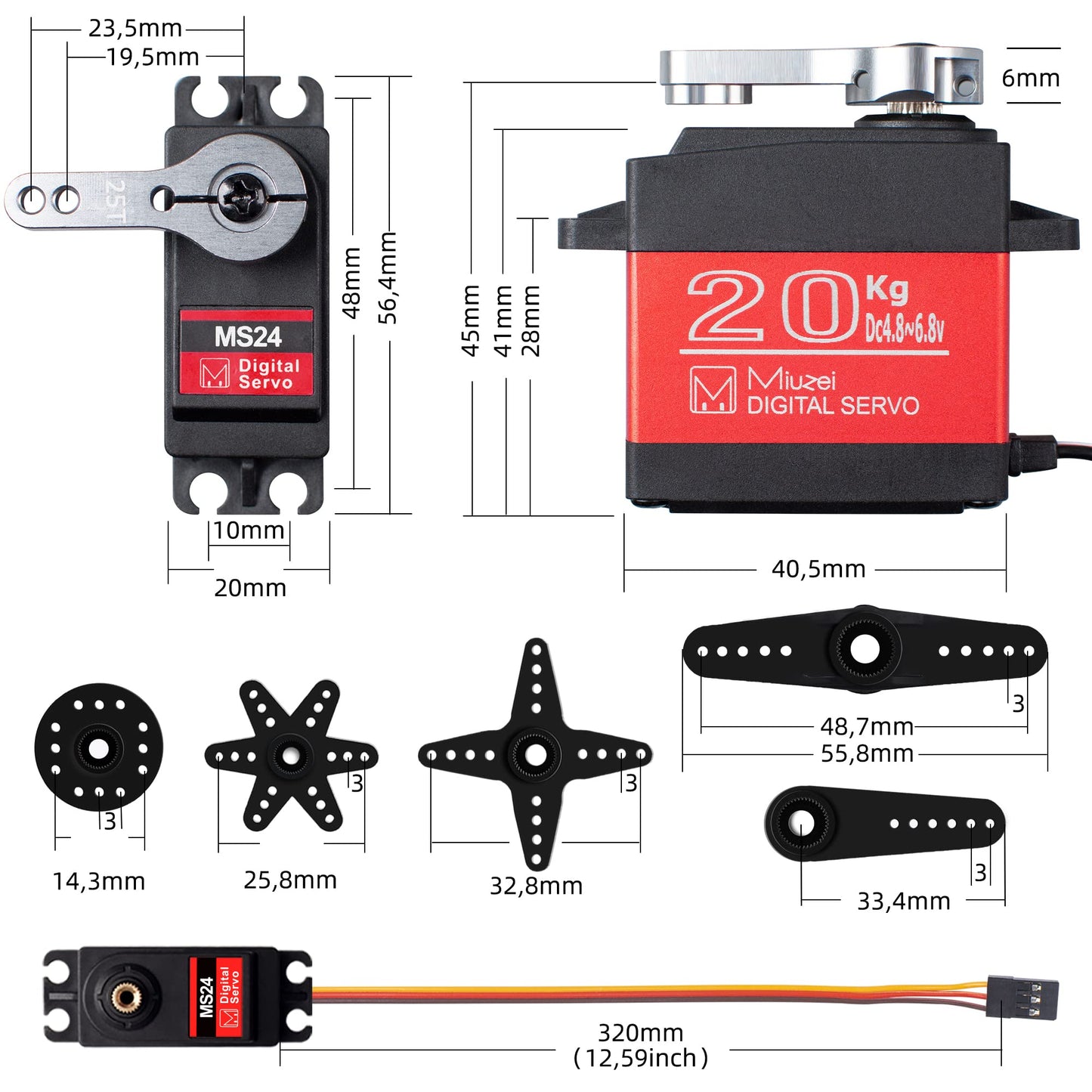 Miuzei 20KG Servo Motor High Torque Digital Servo Metal Waterproof 1/10 Scale Servo for R/C Car Robot, DS3218 Control Angle 270°