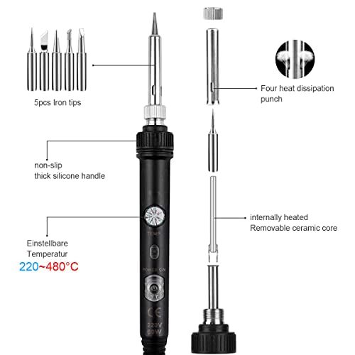 Lötkolben Set 60W mit Temperatur Einstellbar 220-480°C, 5 Lötspitzen, Regelbar und EIN/AUS-Schalter