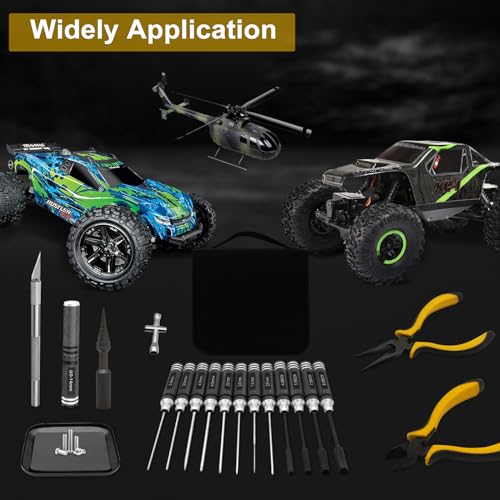 19 in 1 RC Werkzeugsatz, RC Schraubendreher Tools Set Sechskant Sechskantmutter Kreuzschraubendreher Schlitzschraubendreher Zange RC Reparatur Set für 1/8 1/10 Traxxas Axial Arrma DJI Drohnen Schwarz