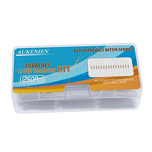 AUKENIEN 1/4W Kohleschicht Widerstände Sortiment 25 Werte 1250 Stück Widerstand Wiederstand Set 1 Ohm bis 1M Ohm 1/4 Watt 5% Carbon Film Elektronik Resistors Resistor Kit