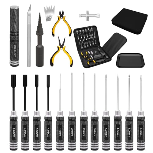 19 in 1 RC Werkzeugsatz, RC Schraubendreher Tools Set Sechskant Sechskantmutter Kreuzschraubendreher Schlitzschraubendreher Zange RC Reparatur Set für 1/8 1/10 Traxxas Axial Arrma DJI Drohnen Schwarz