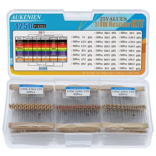 AUKENIEN 1/4W Kohleschicht Widerstände Sortiment 25 Werte 1250 Stück Widerstand Wiederstand Set 1 Ohm bis 1M Ohm 1/4 Watt 5% Carbon Film Elektronik Resistors Resistor Kit