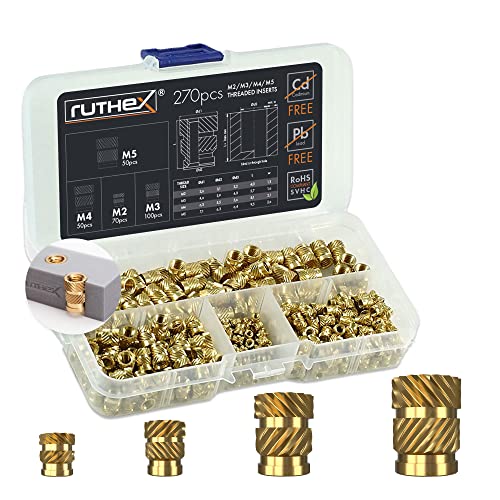 ruthex Gewindeeinsätze M2 + M3 + M4 + M5 Sortimentskasten - 70 + 100 + 50 + 50 Stück - BLEIFREIE Gewindebuchse aus Messing - Einpressmutter für Kunststoffteile – Durch Einschmelzen in 3D-Druck-Teile