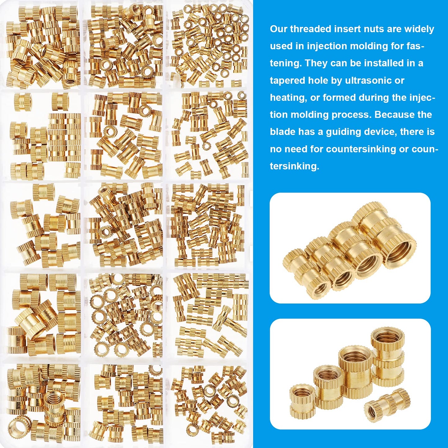 Gueenky 450 Stück Messing Gewindeeinsatz, M2 M3 M4 M5 M6 Gewindeeinsatz 3D Druck, 15 Größen Einbettmuttern Sortiment, Einpressmutter Einbettung Muttern mit Aufbewahrungsbox